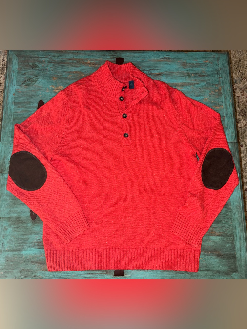 Perry Ellis Red Half-Button Sweater with Brown Elbow Patches / Men’s XL